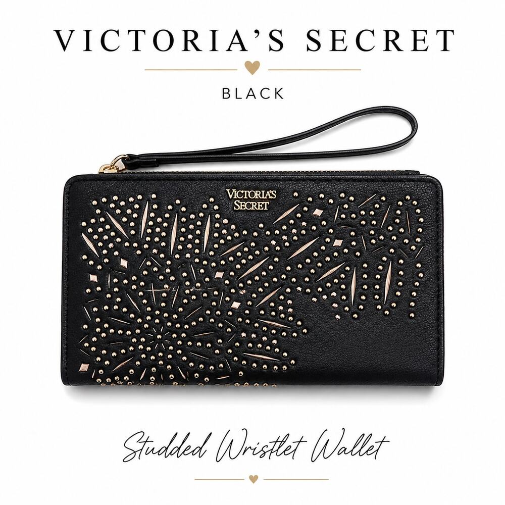 Victoria's Secret Studded Wristlet Wallet Black Zip Around Clutch Organizer